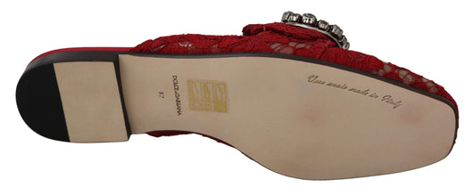 Red Lace Crystal Slide On Flats Shoes Dolce & Gabbana