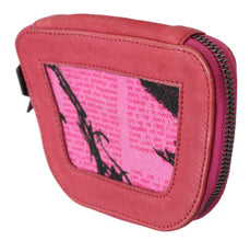 Pink Suede Printed Coin Holder Women Fabric Zippered Purse PINKO