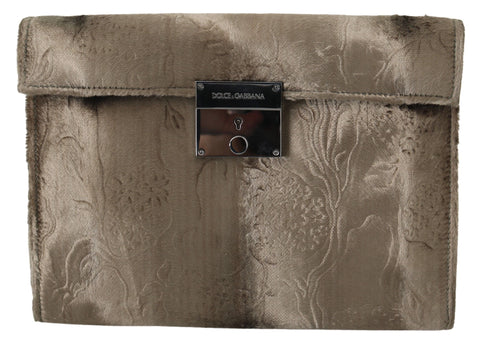 Beige Velvet Floral Leather Men Document Briefcase Dolce & Gabbana