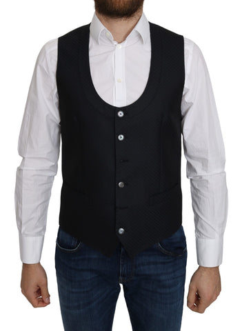 Blue Silk Romb Pattern Formal Coat Vest Dolce & Gabbana