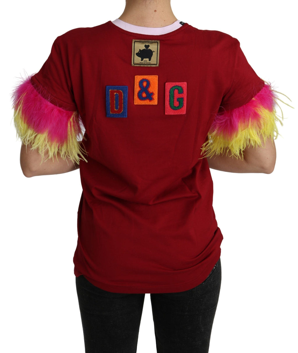 Red Pig Print Feather Sleeves T-shirt Top Dolce & Gabbana