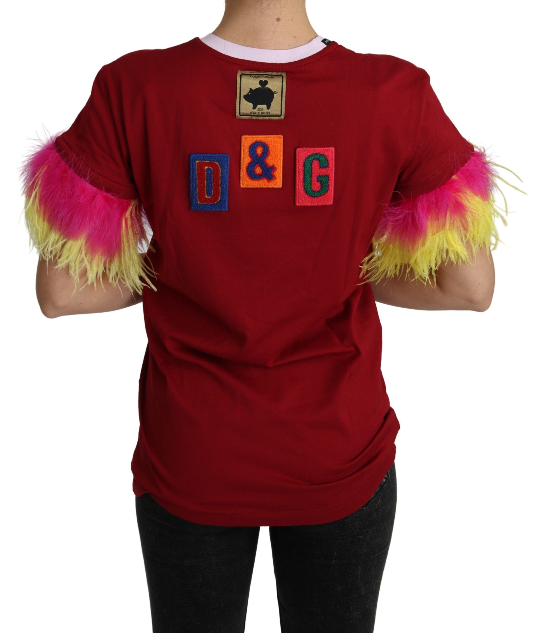 Red Pig Print Feather Sleeves T-shirt Top Dolce & Gabbana