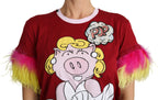 Red Pig Print Feather Sleeves T-shirt Top Dolce & Gabbana