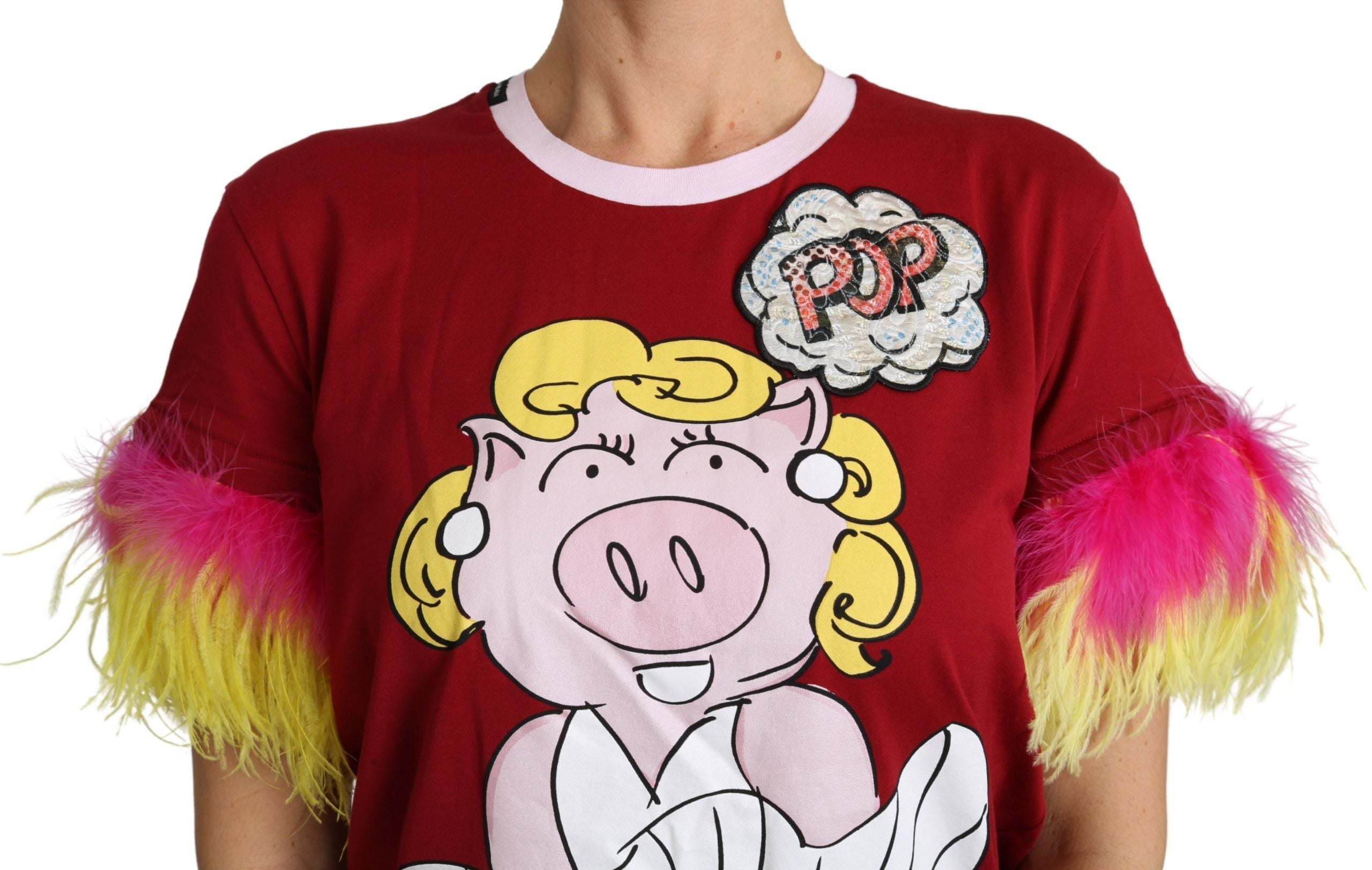 Red Pig Print Feather Sleeves T-shirt Top Dolce & Gabbana