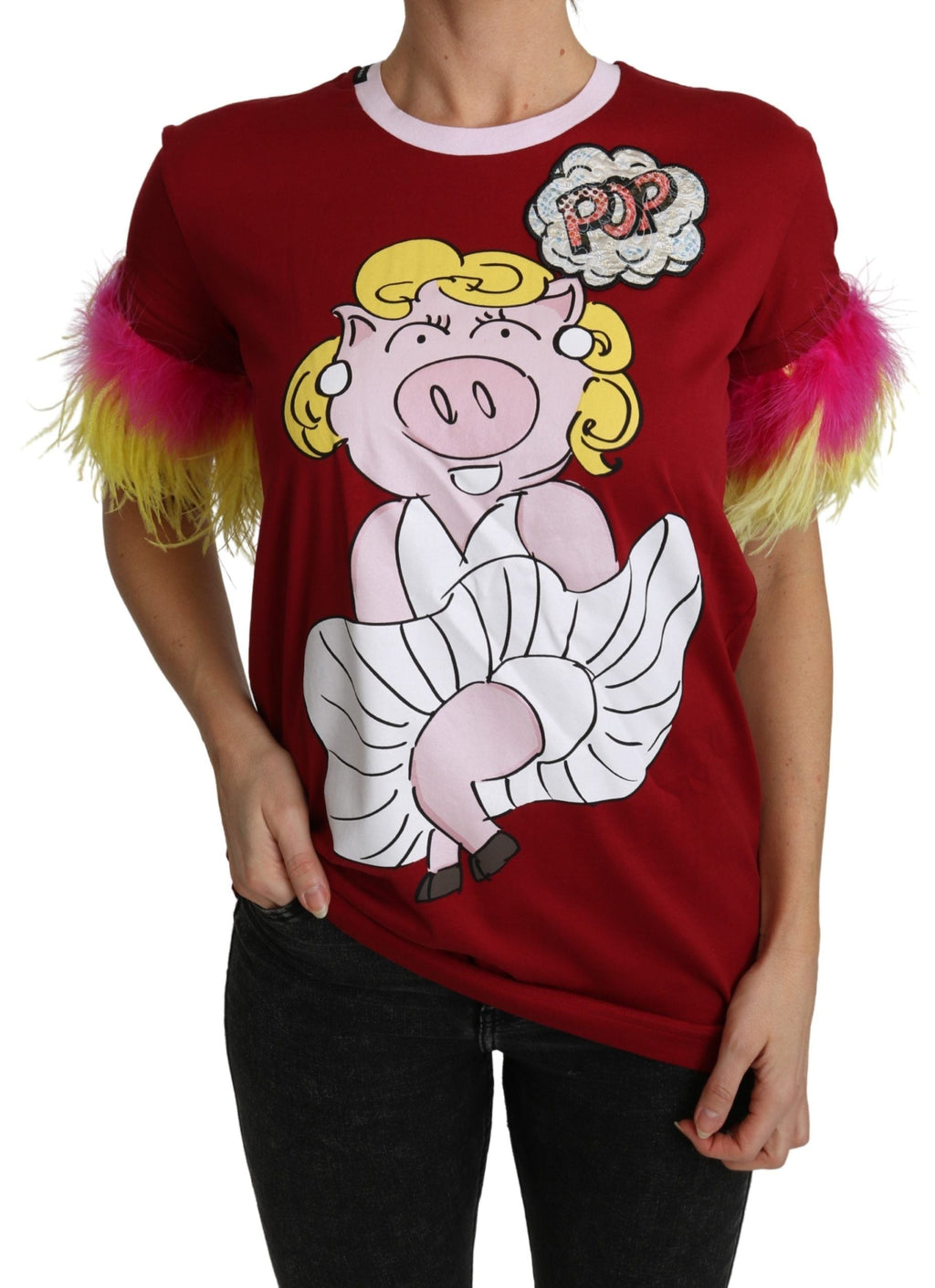 Red Pig Print Feather Sleeves T-shirt Top Dolce & Gabbana