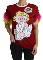 Red Pig Print Feather Sleeves T-shirt Top Dolce & Gabbana