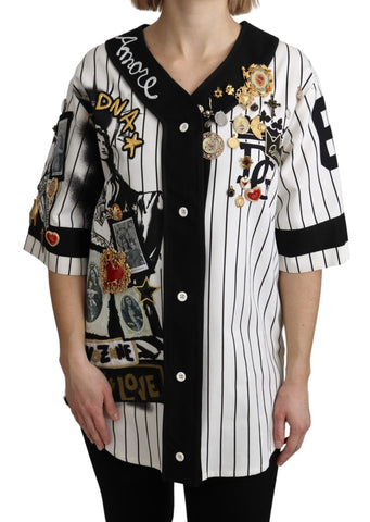 White and black Blouse Cotton Crystal Charms Amore Shirt Dolce & Gabbana