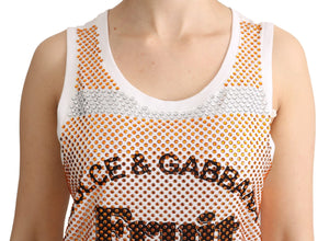 White Orange Crystal Sleeveless Tank Cotton Top Dolce & Gabbana