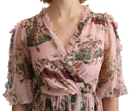 Pink Bengal Cat Print A-line Maxi Silk  Dress Dolce & Gabbana