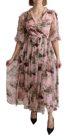 Pink Bengal Cat Print A-line Maxi Silk  Dress Dolce & Gabbana