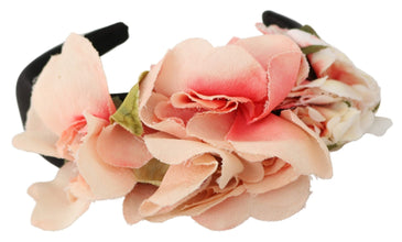Pink Silk Black Floral Headband Logo Diadem Dolce & Gabbana