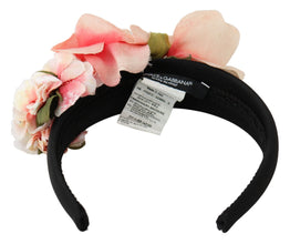 Pink Silk Black Floral Headband Logo Diadem Dolce & Gabbana
