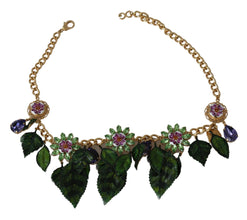 Green Leaves Gold Brass Crystal Flower Pendant Necklace Dolce & Gabbana