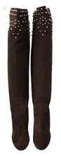 Brown Suede Studded Knee High Shoes Boots Dolce & Gabbana