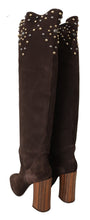 Brown Suede Studded Knee High Shoes Boots Dolce & Gabbana