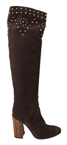 Brown Suede Studded Knee High Shoes Boots Dolce & Gabbana