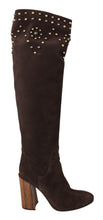 Brown Suede Studded Knee High Shoes Boots Dolce & Gabbana