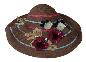 Brown Floral Wide Brim Straw Floppy Cap Hat Dolce & Gabbana