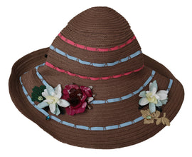 Brown Floral Wide Brim Straw Floppy Cap Hat Dolce & Gabbana