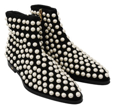 Black Suede Pearl Studs Boots Shoes Dolce & Gabbana