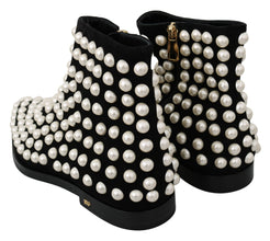 Black Suede Pearl Studs Boots Shoes Dolce & Gabbana