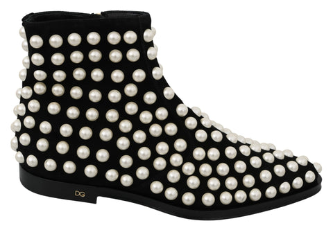 Black Suede Pearl Studs Boots Shoes Dolce & Gabbana