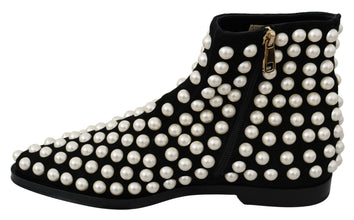 Black Suede Pearl Studs Boots Shoes Dolce & Gabbana