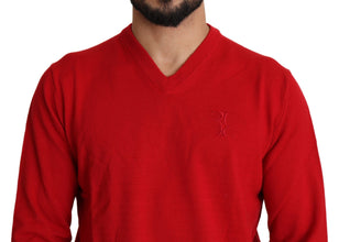 Red V-neck Wool Sweatshirt Pullover Sweater Billionaire Italian Couture