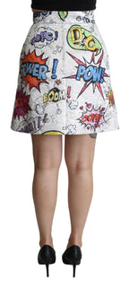 White Cartoon Brocade A-line High Waist Skirt Dolce & Gabbana