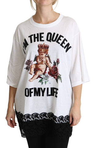 White Angel Print Cotton Round Neck Shirt Tops Dolce & Gabbana
