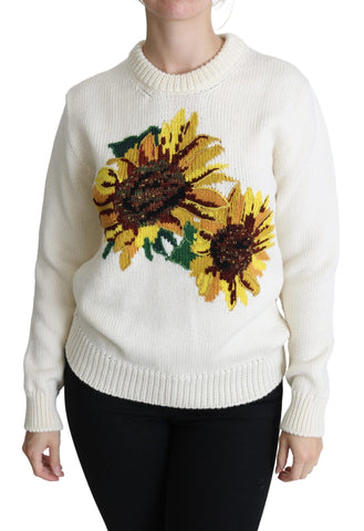 White Floral Wool Pullover Sunflower Sweater Dolce & Gabbana