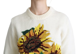White Floral Wool Pullover Sunflower Sweater Dolce & Gabbana