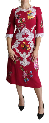 Red Floral Embroidered Sheath Midi Dress Dolce & Gabbana