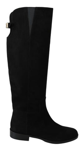 Black Suede Knee High Flat Boots Shoes Dolce & Gabbana