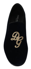 Blue Velvet Gold Logo Slipper Loafers Shoes Dolce & Gabbana