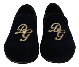 Blue Velvet Gold Logo Slipper Loafers Shoes Dolce & Gabbana
