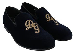 Blue Velvet Gold Logo Slipper Loafers Shoes Dolce & Gabbana