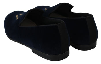 Blue Velvet Gold Logo Slipper Loafers Shoes Dolce & Gabbana