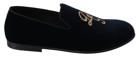 Blue Velvet Gold Logo Slipper Loafers Shoes Dolce & Gabbana