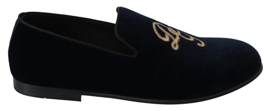 Blue Velvet Gold Logo Slipper Loafers Shoes Dolce & Gabbana