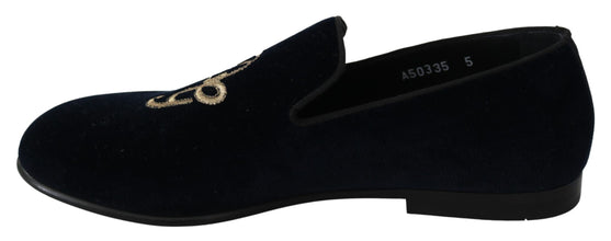 Blue Velvet Gold Logo Slipper Loafers Shoes Dolce & Gabbana