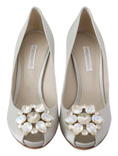 White Crystals Peep Toe Heels Satin Pumps Shoes Dolce & Gabbana