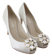 White Crystals Peep Toe Heels Satin Pumps Shoes Dolce & Gabbana