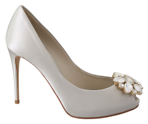 White Crystals Peep Toe Heels Satin Pumps Shoes Dolce & Gabbana