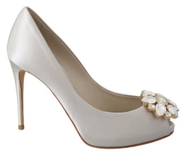 White Crystals Peep Toe Heels Satin Pumps Shoes Dolce & Gabbana