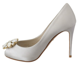 White Crystals Peep Toe Heels Satin Pumps Shoes Dolce & Gabbana