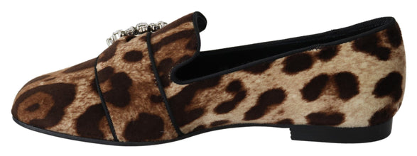 Brown Leopard Print Crystals Loafers Flats Shoes Dolce & Gabbana