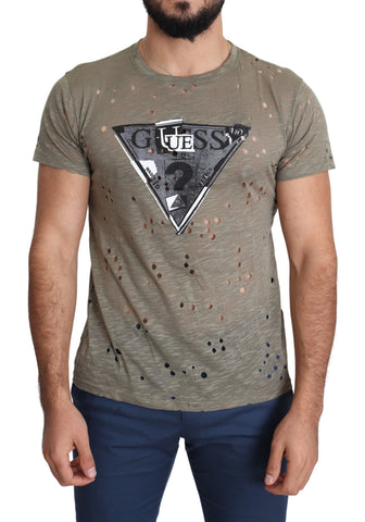 Brown Cotton Stretch Logo Print Men Casual Perforated T-shirt Guess