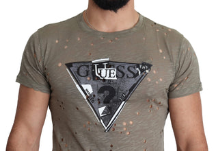 Brown Cotton Stretch Logo Print Men Casual Perforated T-shirt Guess
