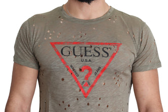 Brown Cotton Stretch Logo Print Men Casual Perforated T-shirt Guess